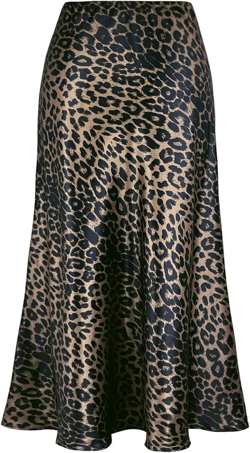 Women's Satin High Waist Hidden Elasticized Waistband Flared Casual A Line Midi Skirt
