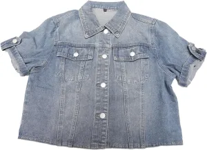 Women's Summer Short Sleeve Denim Jackets Collared Button Up Cropped Jean Jacket