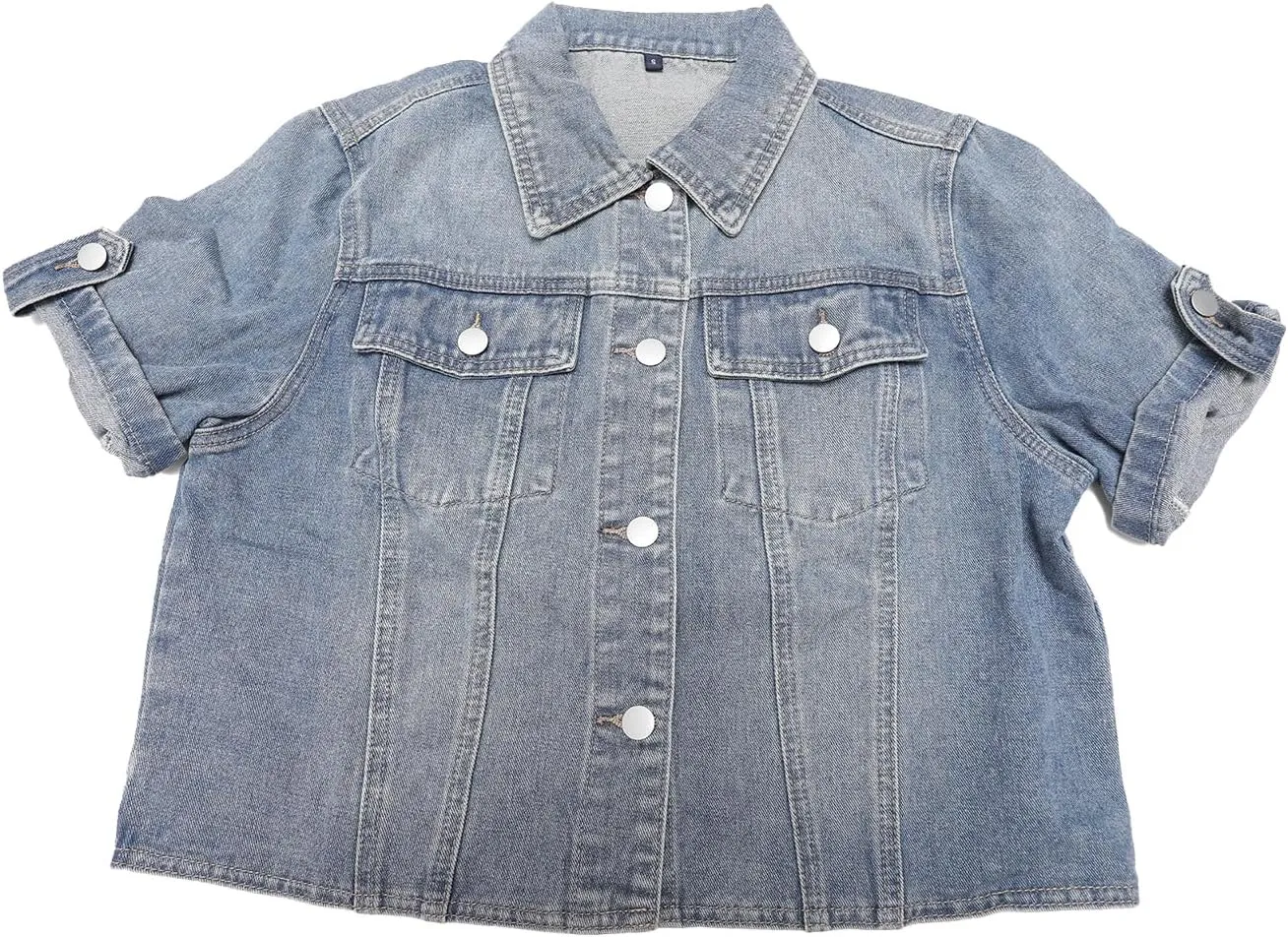 Women's Summer Short Sleeve Denim Jackets Collared Button Up Cropped Jean Jacket
